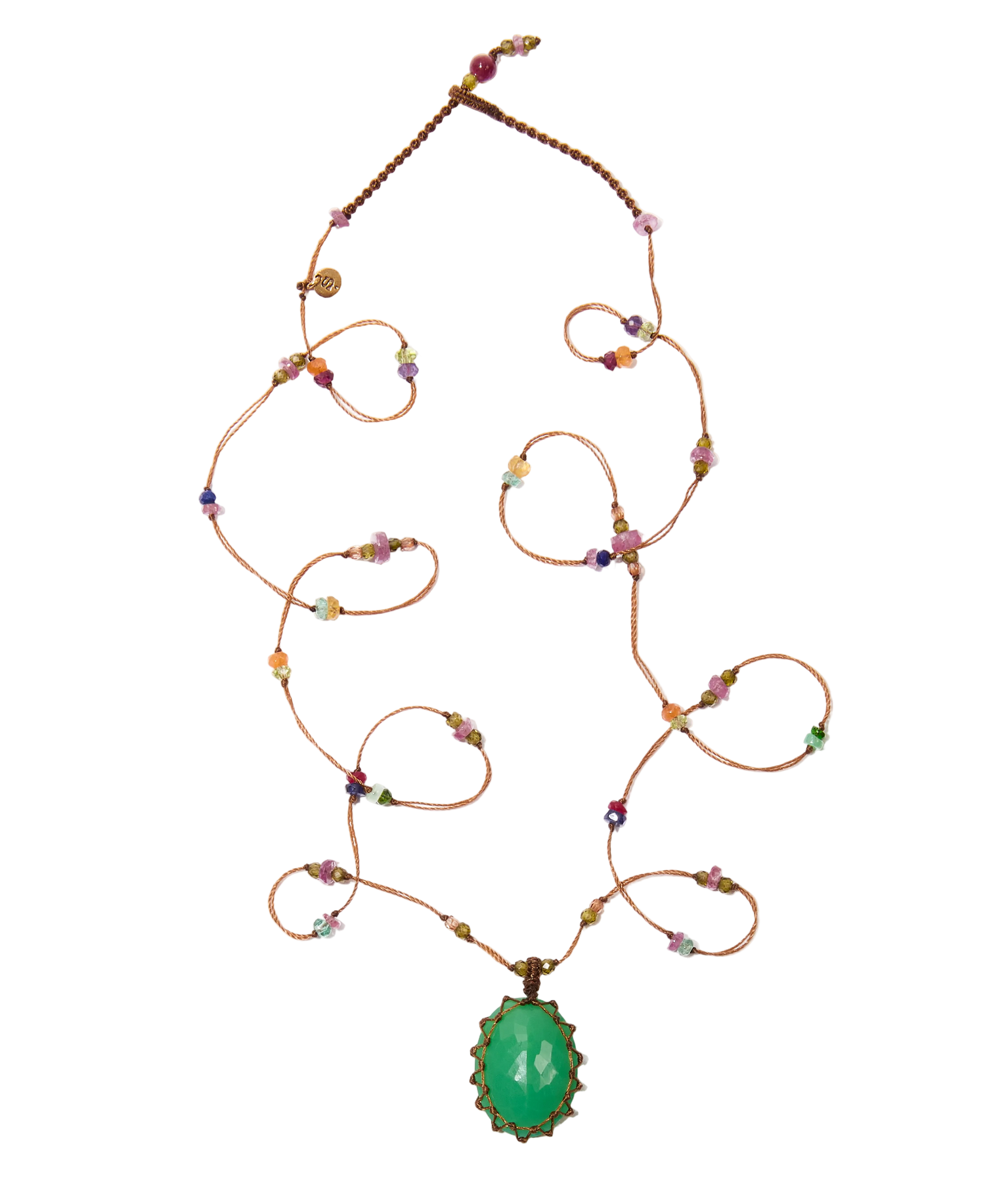 Sautoir Tibétain Sharing en Chrysoprase, fil tabac, 77 cm