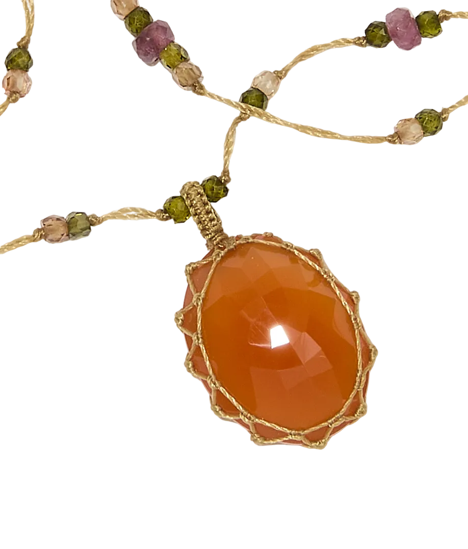 Sautoir Tibétain | Cornaline - Fil Beige & Tourmaline