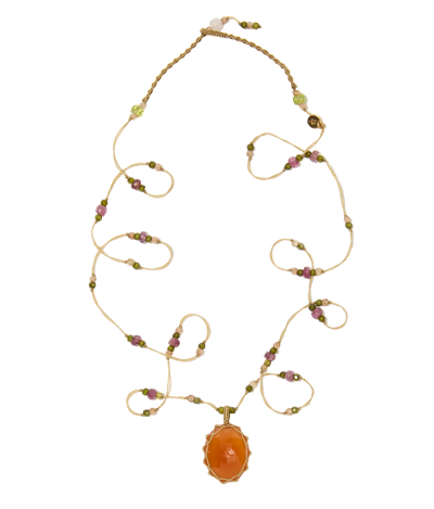 Sautoir Tibétain - Cornaline - Mix Tourmaline - Fil Beige