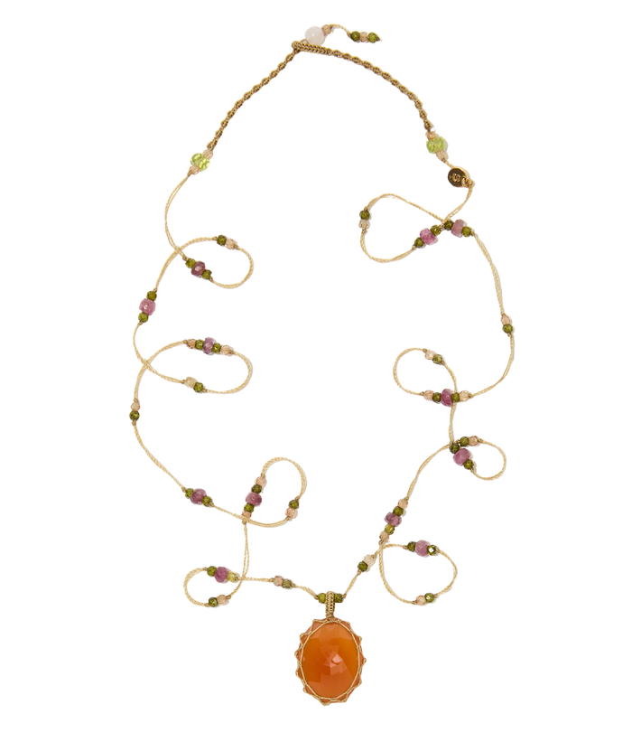 Sautoir Tibétain | Cornaline - Fil Beige & Tourmaline