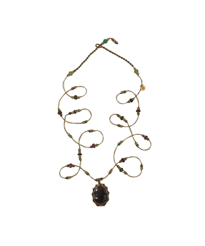 Sautoir Tibétain - Corundum Marron - Mix Tsavorite - Fil Beige