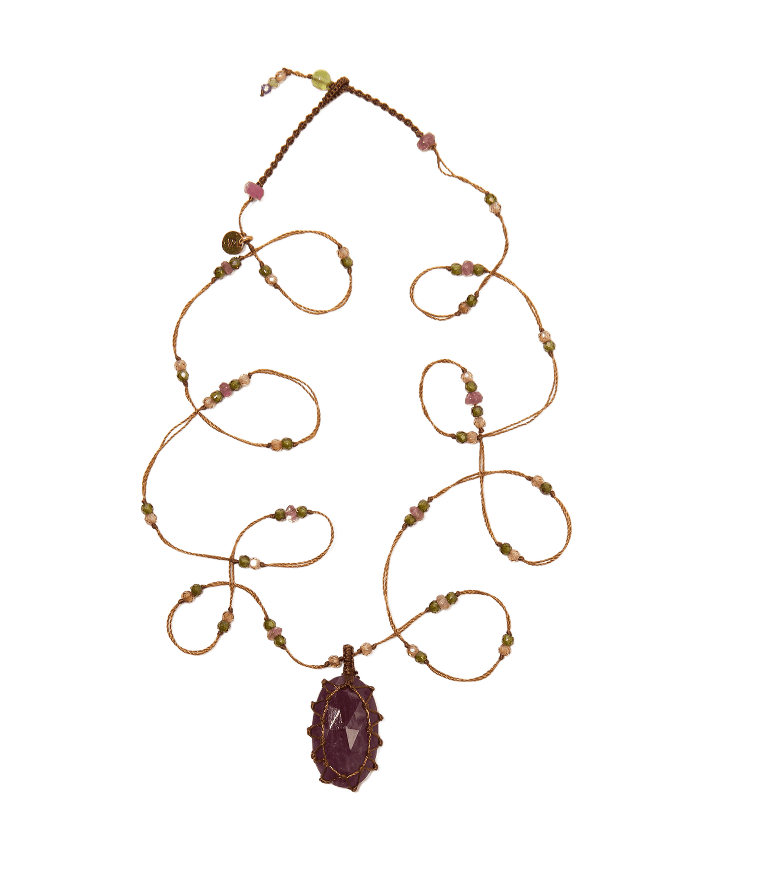 Sautoir Tibétain Sharing en Corundum Rose, fil tabac, 77 cm