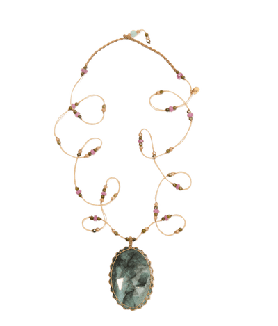 Sautoir Tibétain - Émeraude - Mix Tourmaline - Fil Beige