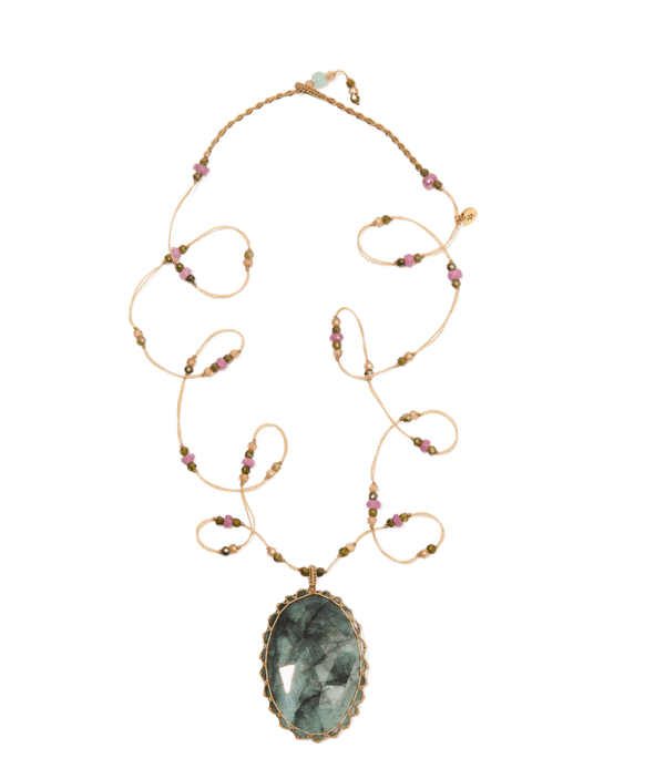 Sautoir Tibétain - Émeraude - Mix Tourmaline - Fil Beige