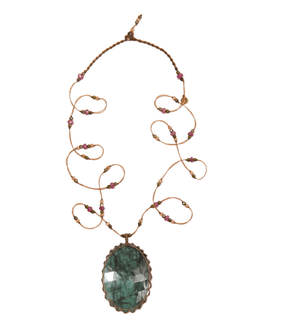 Sautoir Tibétain - Émeraude - Mix Tourmaline - Fil Tabac