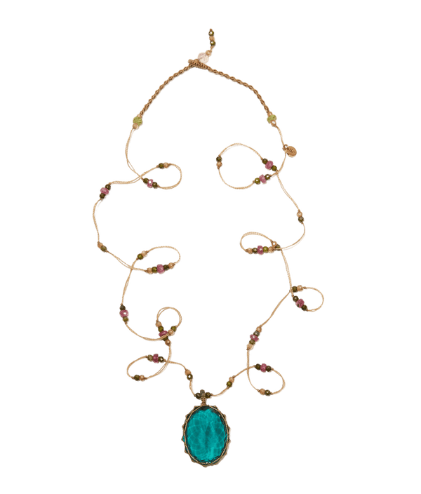 Sautoir Tibétain - Fluorite Bleue - Mix Tourmaline - Fil Beige