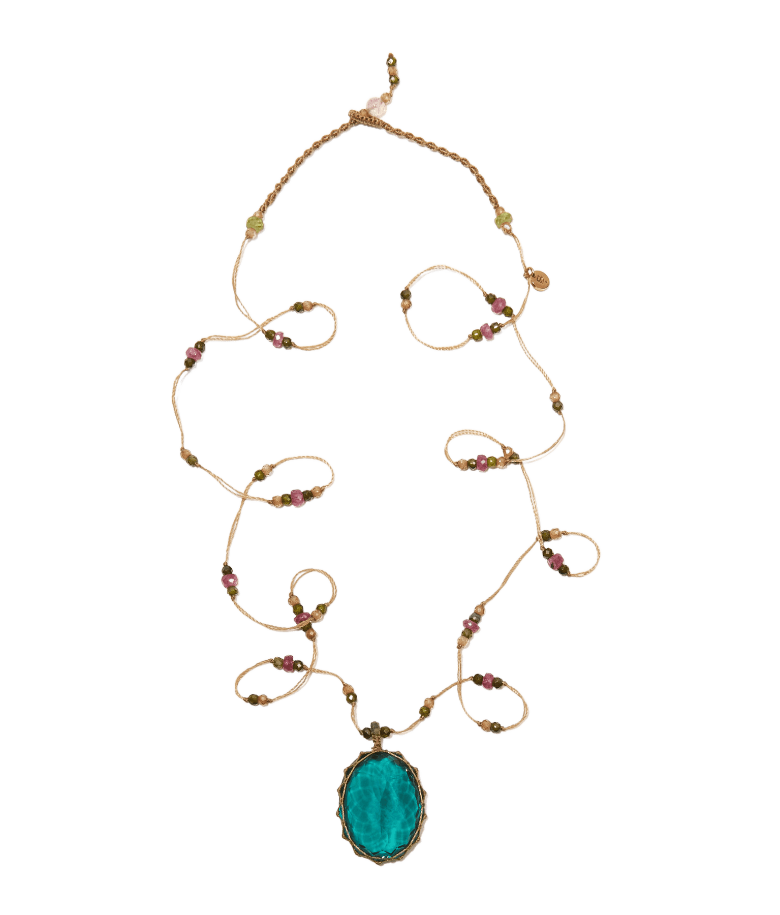 Sautoir Tibétain Sharing en Fluorite Bleue, fil beige, 77 cm