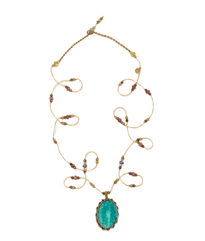 Sautoir Tibétain - Fluorite Bleue - Mix Tourmaline - Fil Beige