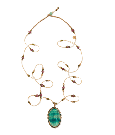 Tibetan Long Necklace - Blue Fluorite - Tourmaline Mix - Beige Thread