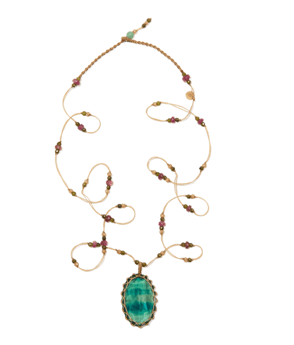 Tibetan Long Necklace - Blue Fluorite - Tourmaline Mix - Beige Thread