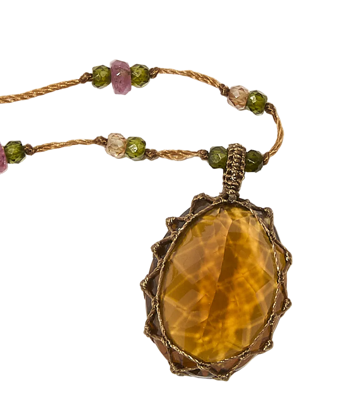 Sautoir Tibétain - Honey quartz - Mix Tourmaline - Fil Tabac