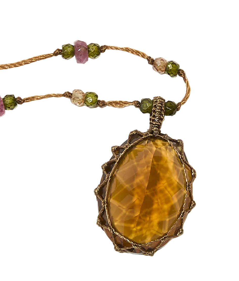 Sautoir Tibétain - Honey quartz - Mix Tourmaline - Fil Tabac