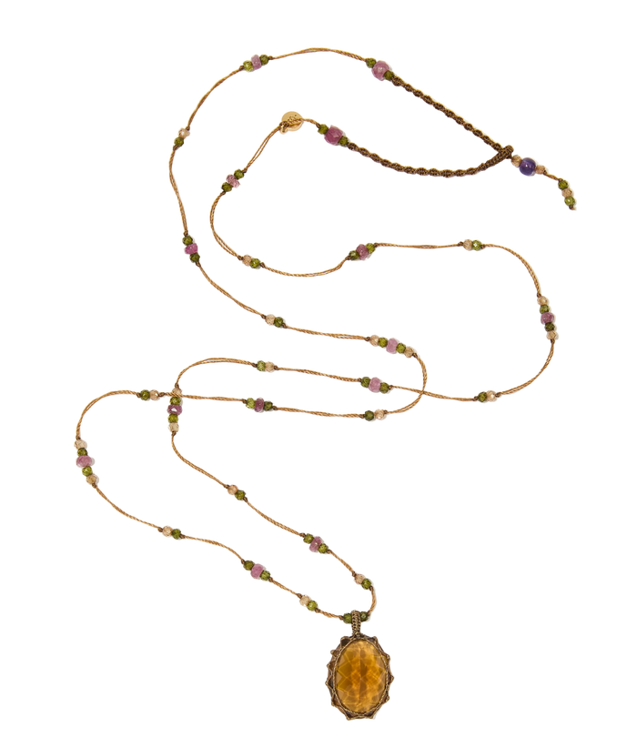 Sautoir Tibétain - Honey quartz - Mix Tourmaline - Fil Tabac