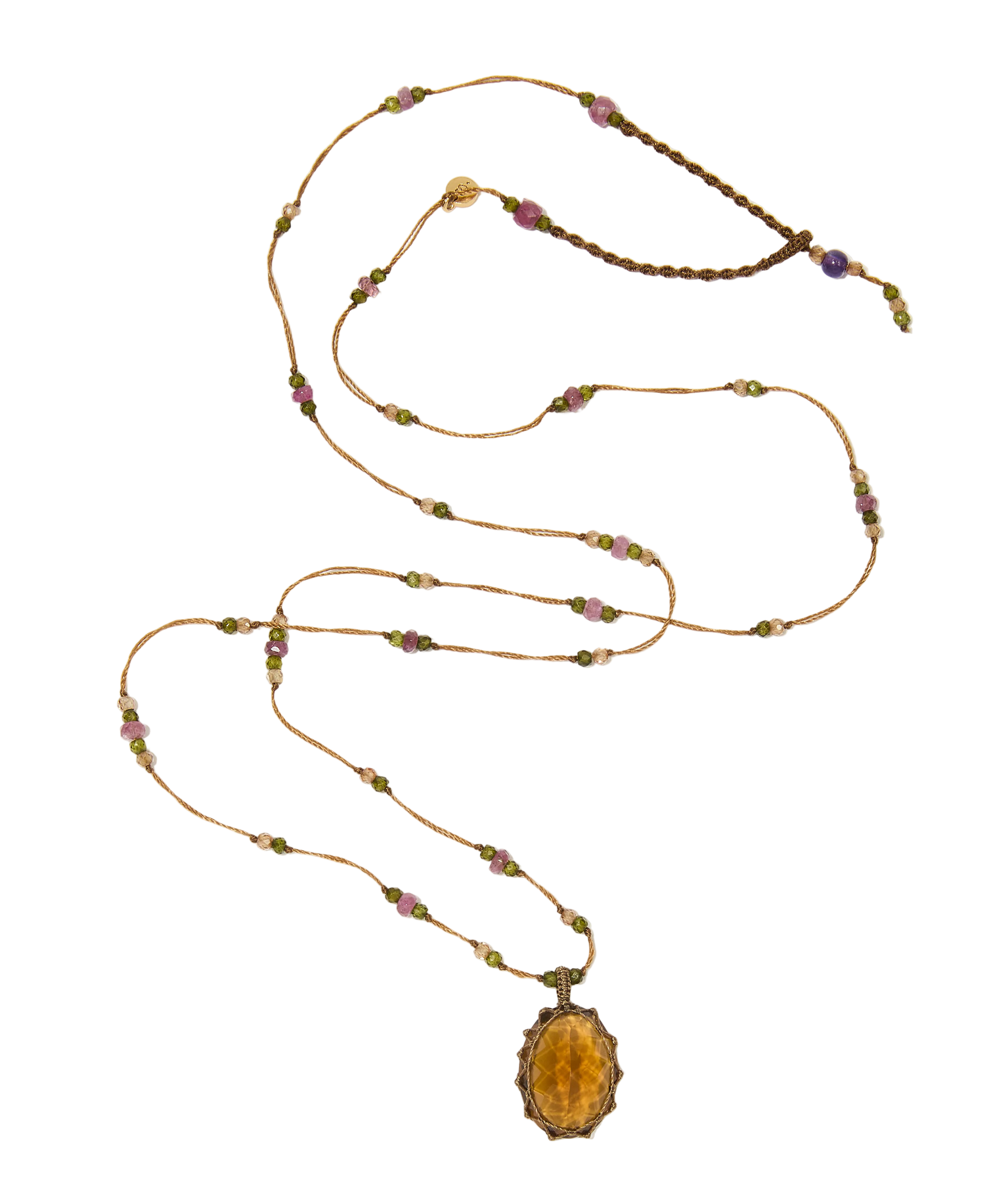 Sautoir Tibétain - Honey quartz - Mix Tourmaline - Fil Tabac