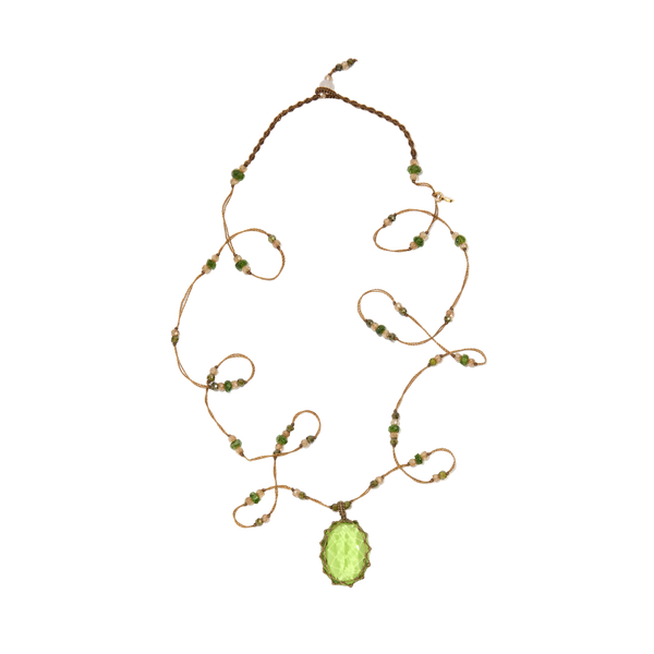 Short Tibetan Necklace - Indian Glass Peridot - Rose Tourmaline Mix - Tobacco Thread