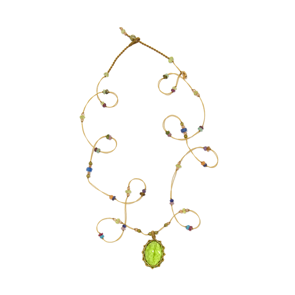 Sautoir Tibétain - Indian Glass Péridot - Mix Multipierres - Fil Beige