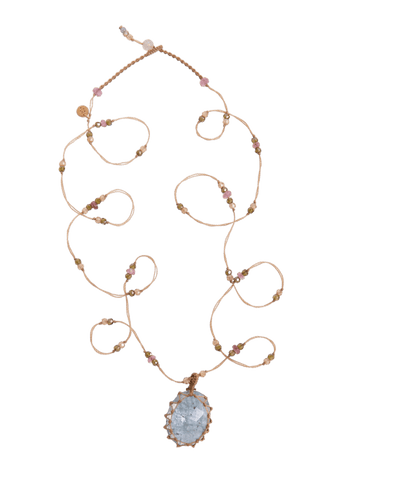 Long Tibetan Necklace - Aqua Kyanite - Mixed Tourmaline - Beige Thread