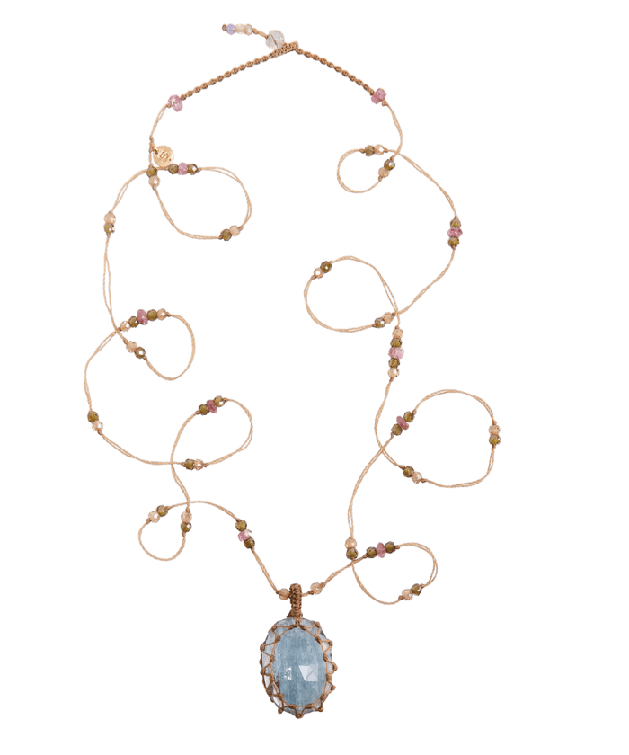Sautoir Tibétain - Kyanit Aqua - Mix Turmalin - Beige Faden