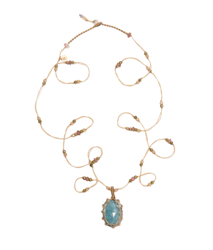 Sautoir Tibétain - Kyanite Bleue - Mix Tourmaline - Fil Beige