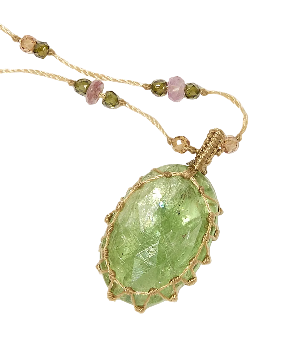 Sautoir Tibétain - Kyanite Verte - Mix Tourmaline - Fil Beige