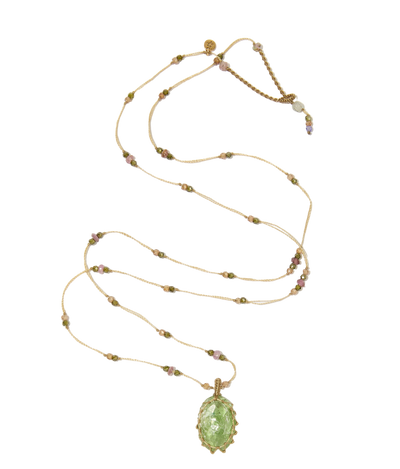 Sautoir Tibétain - Kyanite Verte - Mix Tourmaline - Fil Beige