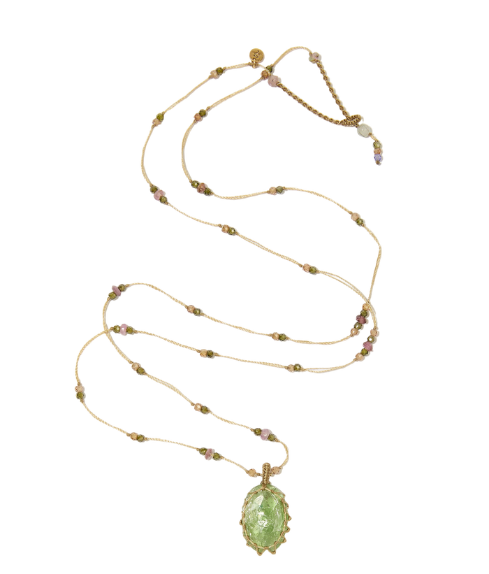 Sautoir Tibétain - Kyanite Verte - Mix Tourmaline - Fil Beige