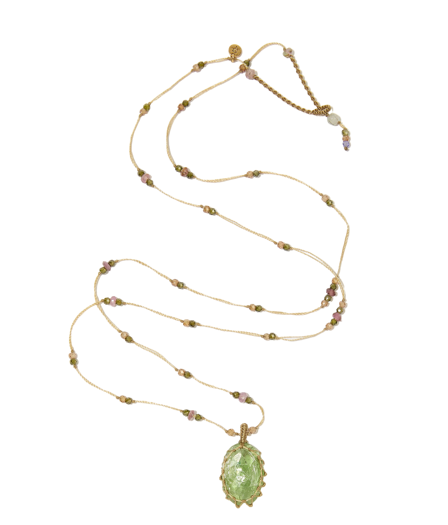 Sautoir Tibétain - Kyanite Verte - Mix Tourmaline - Fil Beige