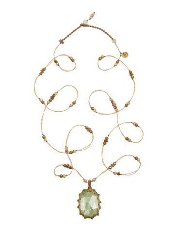 Long Tibetan Necklace - Kyanite Mint - Mixed Tourmaline - Beige Thread
