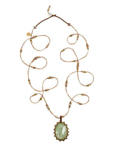 Long Tibetan Necklace - Kyanite Mint - Mixed Tourmaline - Tobacco Thread