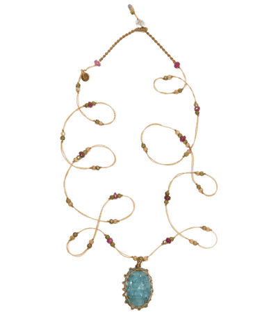 Sautoir Tibétain - Kyanite Teal Bleue - Mix Tourmaline - Fil Beige