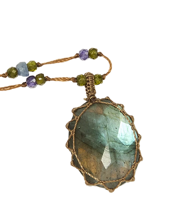 Sautoir Tibétain | Labradorite - Fil Tabac & Saphir purple