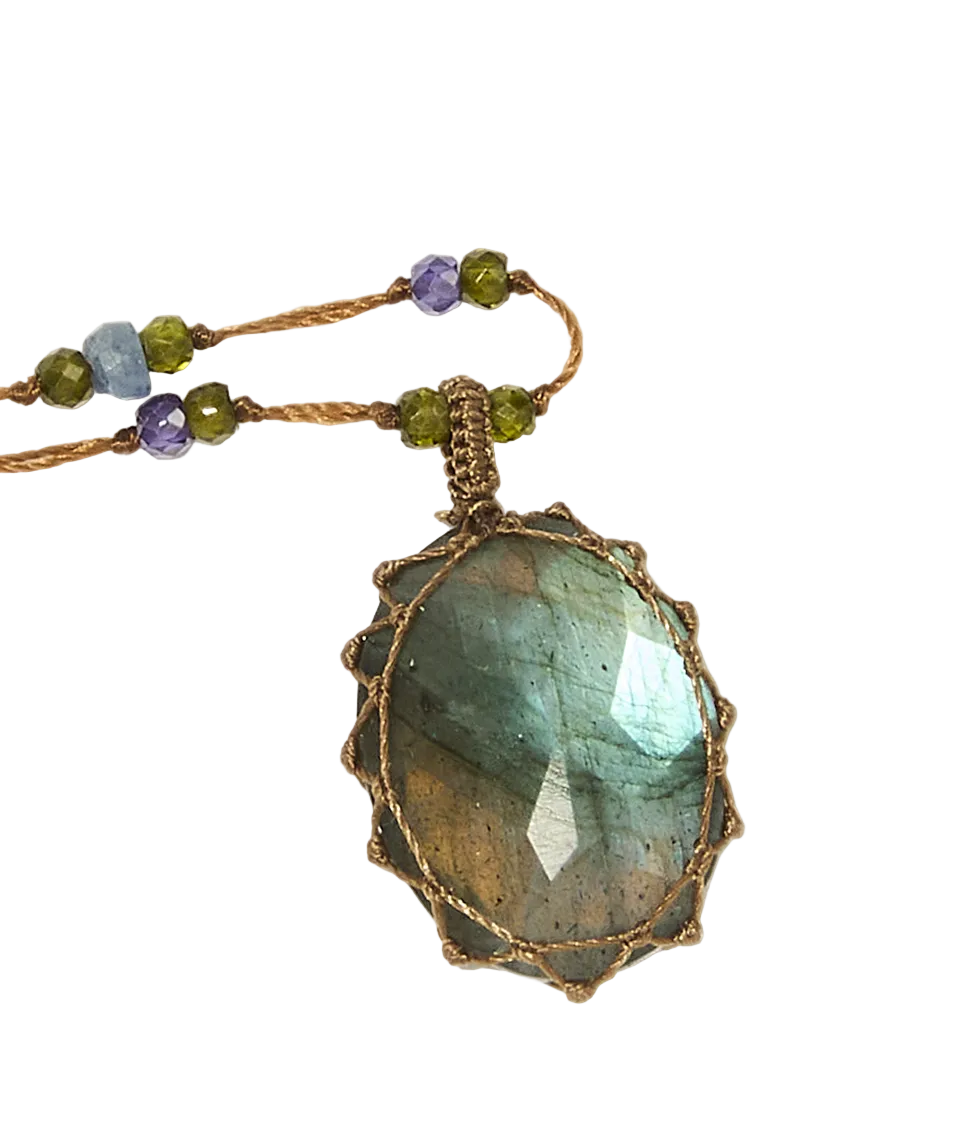 Sautoir Tibétain | Labradorite - Fil Tabac & Saphir purple