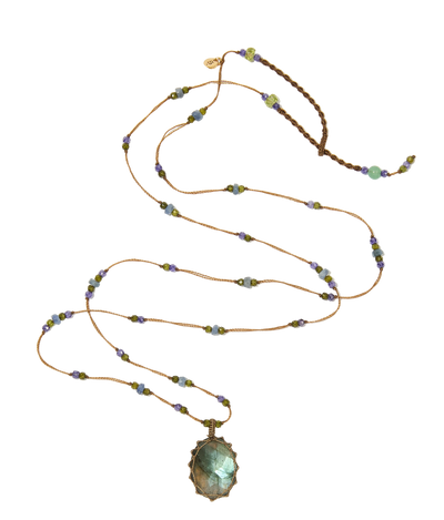 Sautoir Tibétain | Labradorite - Fil Tabac & Saphir purple