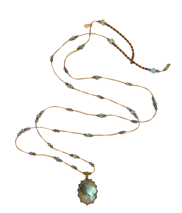Sautoir Tibétain | Labradorite - Fil Tabac & Saphir purple