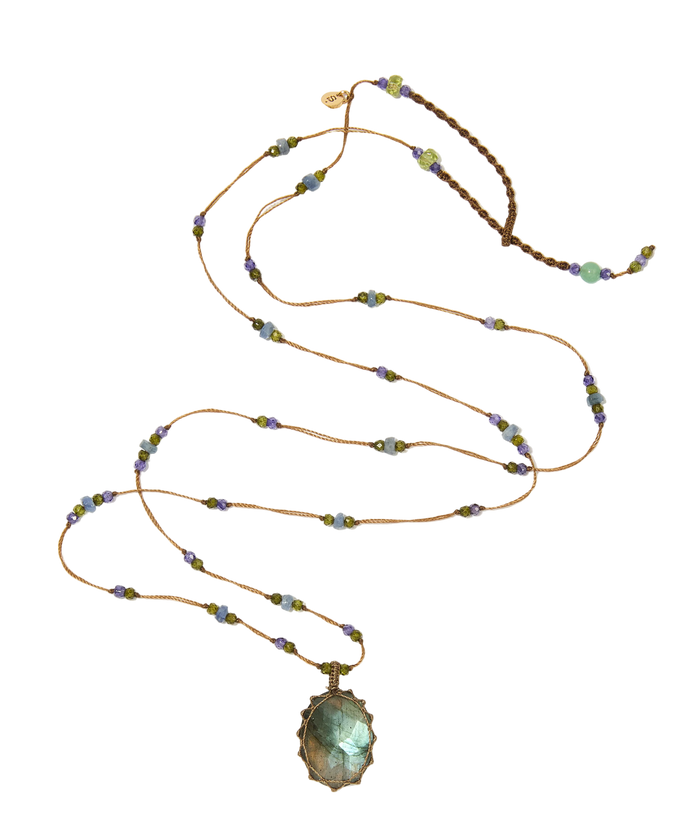 Sautoir Tibétain | Labradorite - Fil Tabac & Saphir purple