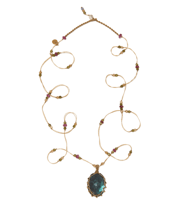 Sautoir Tibétain - Labradorite - Mix Tourmaline - Fil Beige