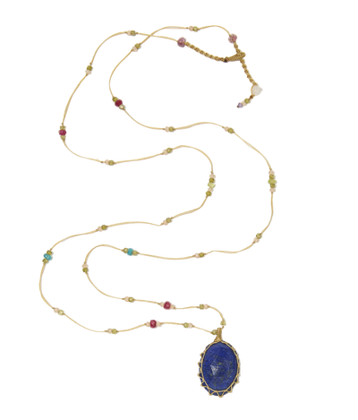Sautoir Tibétain | Lapis - Fil Beige & Multipierre