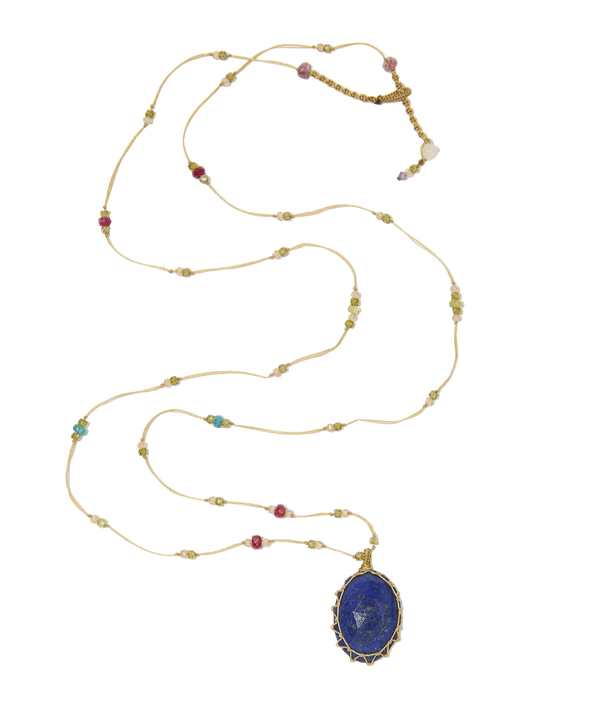 Sautoir Tibétain | Lapis - Fil Beige & Multipierre