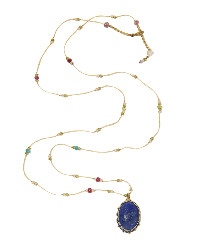 Sautoir Tibétain | Lapis - Fil Beige & Multipierre
