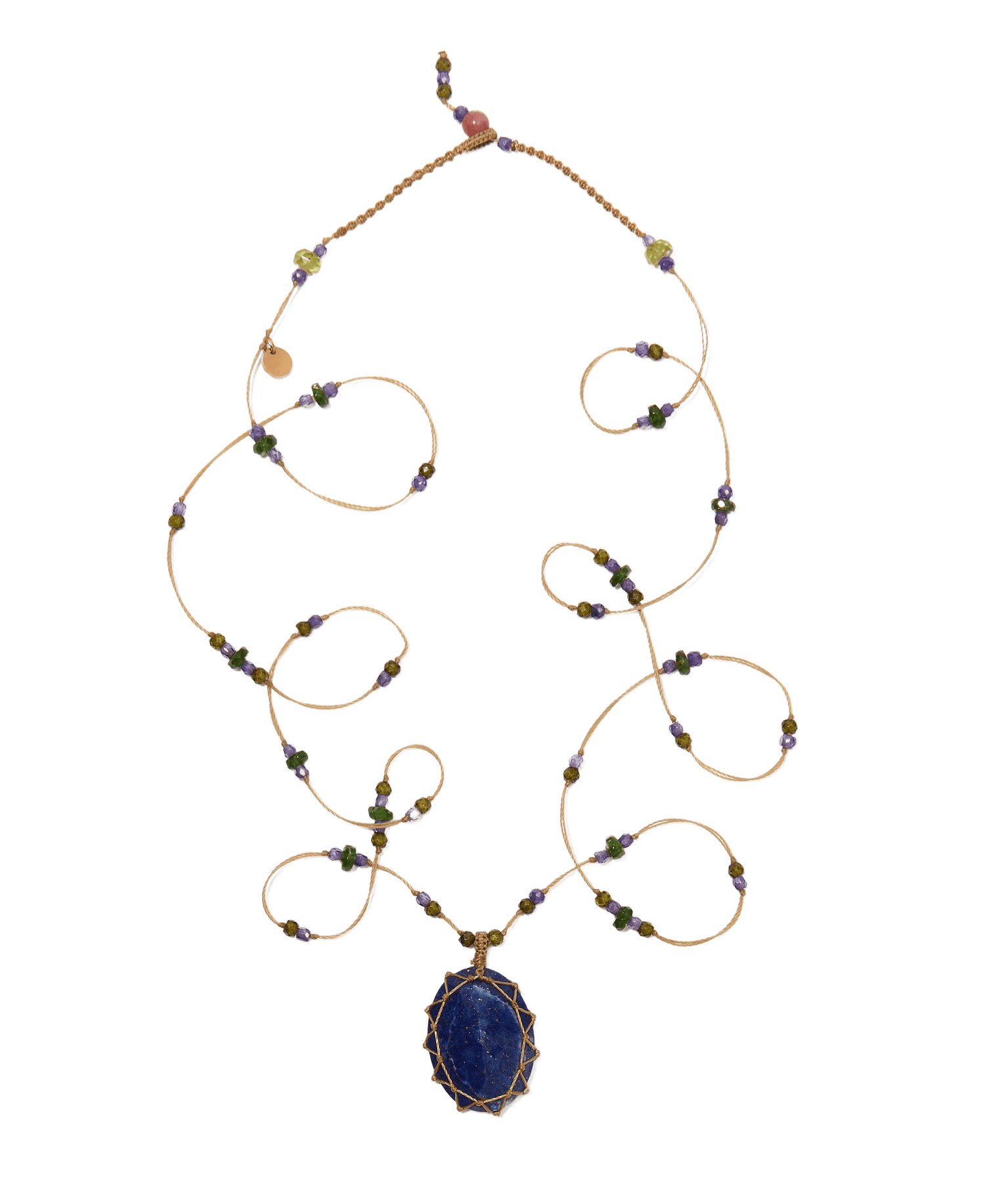 Sautoir Tibétain Sharing en Lapis-Lazuli, fil beige, 77 cm
