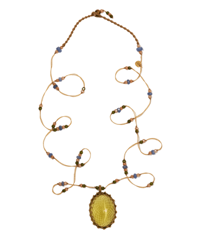Sautoir Tibétain - Olive Quartz - Mix Saphir - Fil Beige