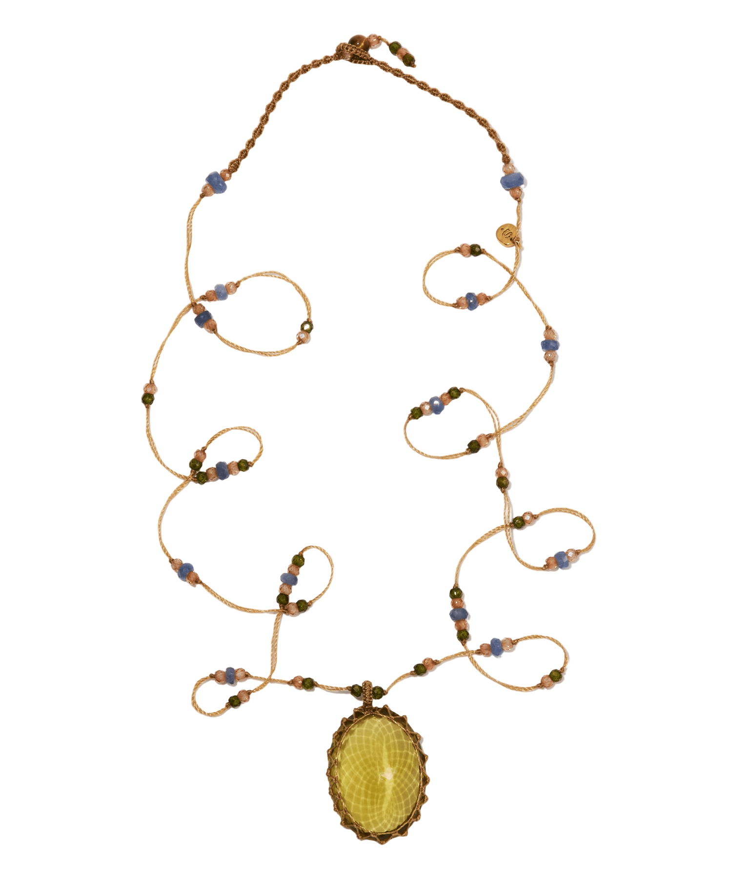 Sautoir Tibétain Sharing en Olive Quartz, fil beige, 77 cm