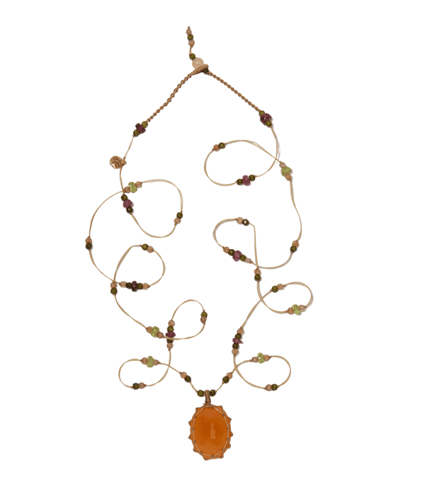 Sautoir Tibétain - Onyx Orange - Mix Tourmaline & Péridot - Fil Beige