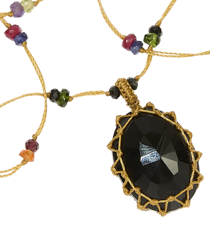 Sautoir Tibétain - Onyx noir - Mix Multipierre - Fil Beige