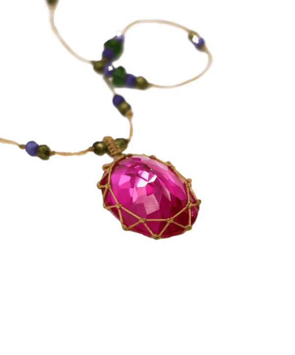 Collana Lunga Tibetano - Vetro Rosa Indiano - Mix Tsavorite - Filo Beige