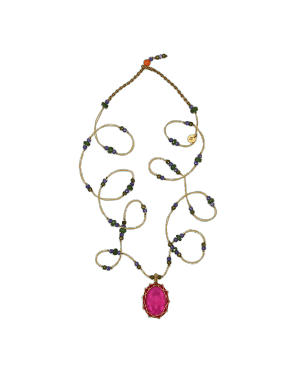 Collana Lunga Tibetano - Vetro Rosa Indiano - Mix Tsavorite - Filo Beige
