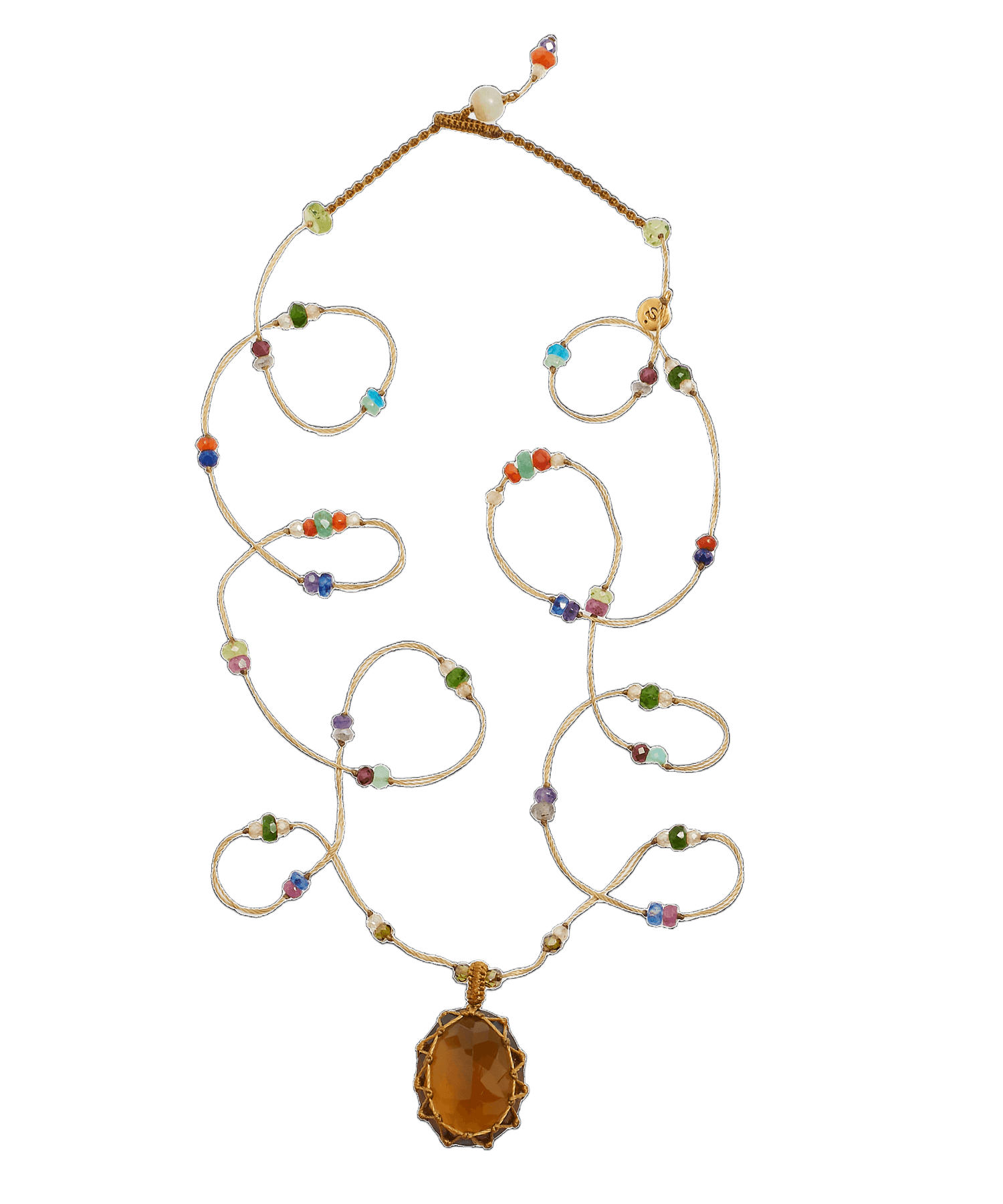 Sautoir Tibétain Sharing en Quartz Miel, fil beige, 77 cm