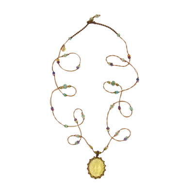Long Tibetan Necklace - Olive Quartz - Multi Stone Mix - Beige Thread