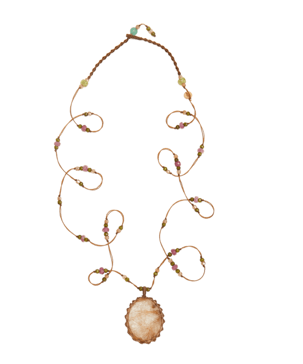 Sautoir Tibétain - Quartz Rutile Or - Mix Tourmaline Rose - Fil Tabac