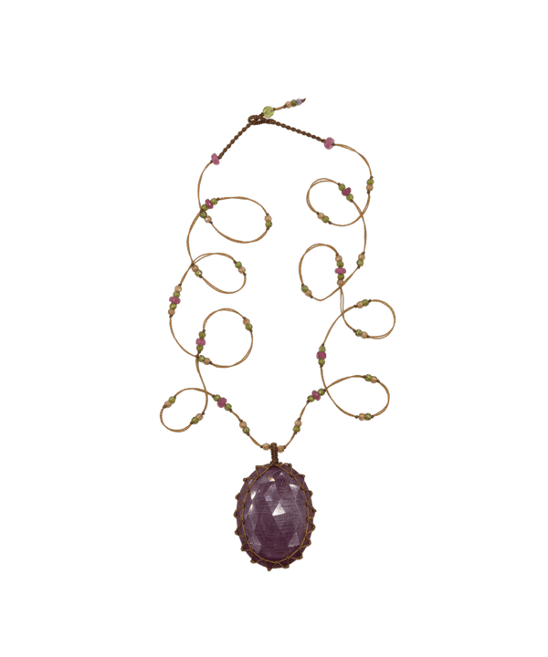 Collana Lunga Tibetano - Rubino - Mix Tormalina Rosa - Filo Tabacco